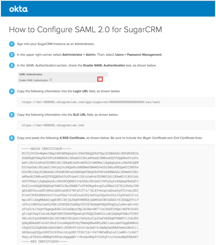 Okta Sample Sugar Settings