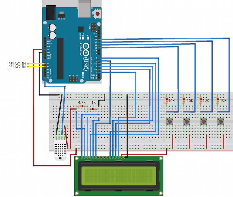 Schema of Arduino controlled two speeds fan with LCD